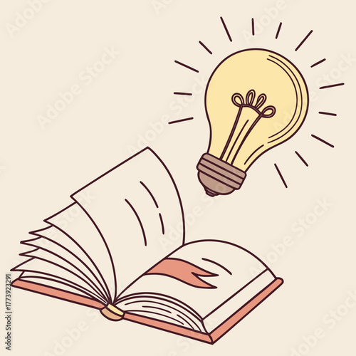 A book with a lightbulb floating above it, symbolizing knowledge, education, and the power of ideas, representing learning, inspiration, and the pursuit of wisdom through reading and study