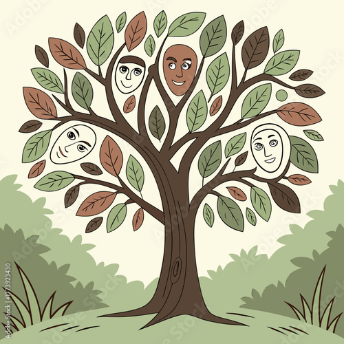Family tree with faces in the leaves representing ancestors, heritage, and lineage, symbolizing connection, roots, and intergenerational relationships in a whimsical illustration