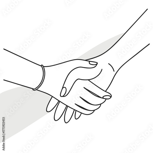 Illustration of two hands shaking, symbolizing agreement, cooperation, or friendship, a gesture of unity and partnership in a minimalist style