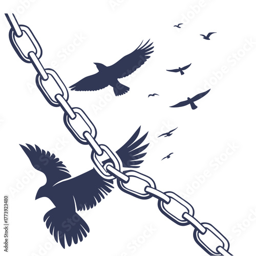 A symbolic vector art piece depicting the concept of freedom, with a broken chain dissolving into birds taking flight, representing the breaking of limitations and embracing new possibilities