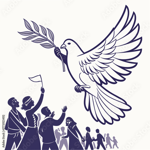 Illustration of a dove carrying an olive branch, symbolizing peace and hope, with people celebrating, represents harmony and unity