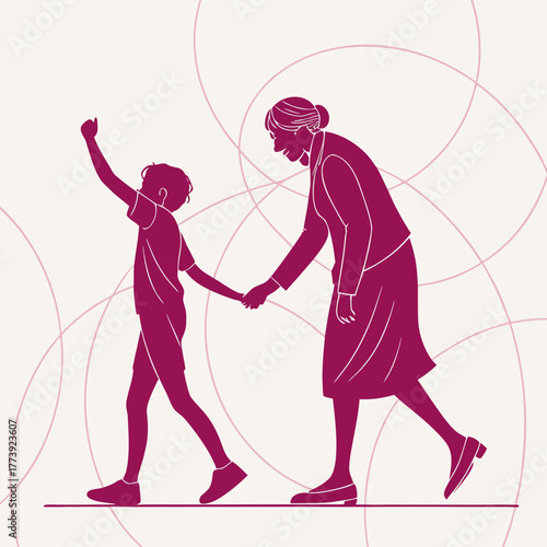 A touching illustration portrays a grandmother and grandson walking hand in hand, symbolizing love, guidance, and the precious bond between generations