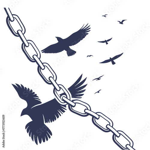 A symbolic representation of freedom, featuring a broken chain and birds taking flight, conveying a powerful message of liberation and overcoming constraints