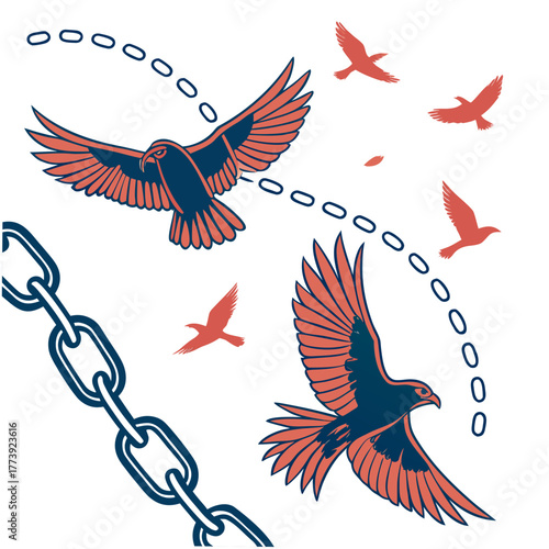 A vibrant illustration depicting the pursuit of freedom, showcasing birds in flight escaping from broken chains, symbolizing liberation and the breaking of barriers