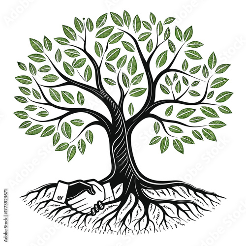 A conceptual illustration depicting a tree with roots in the shape of a handshake, symbolizing partnership, growth, and collaboration, the trees leaves are green, representing nature and life