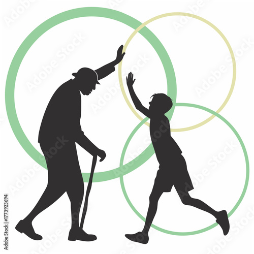 Silhouette illustration of an elderly man and a young boy giving a high five, symbolizing intergenerational connection, support, and the passing of wisdom and encouragement