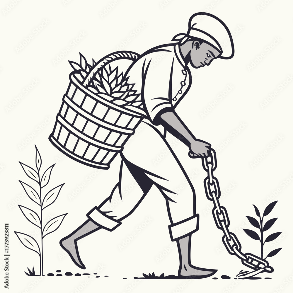 Fototapeta premium Illustration of a black slave worker walking with a basket of crops on his back and a chain around his ankle, symbol of slavery and racism