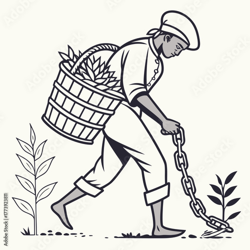 Illustration of a black slave worker walking with a basket of crops on his back and a chain around his ankle, symbol of slavery and racism