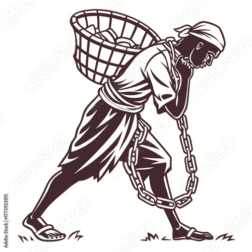 Illustration depicting a person carrying a heavy load with a broken chain, symbolizing freedom from forced labor and the pursuit of a better life