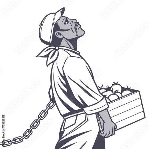 Illustration of a black slave worker carrying a crate of crops and a chain around his neck, symbol of slavery and racism