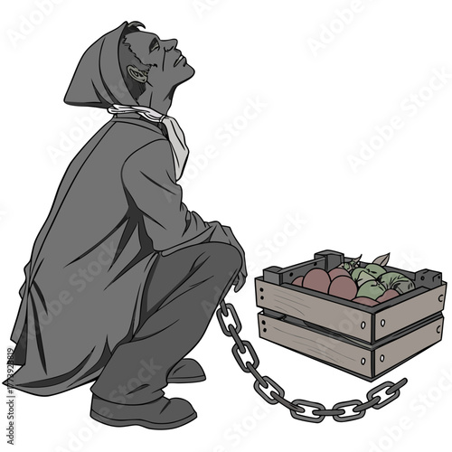 Illustration of a black slave worker squatting with a crate of crops and a chain around his ankle, symbol of slavery and racism