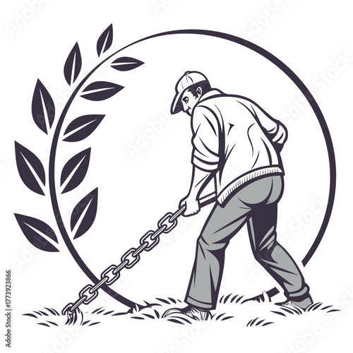 Illustration of a man breaking free from chains, symbolizing overcoming obstacles and achieving freedom, set against a backdrop of growth and triumph