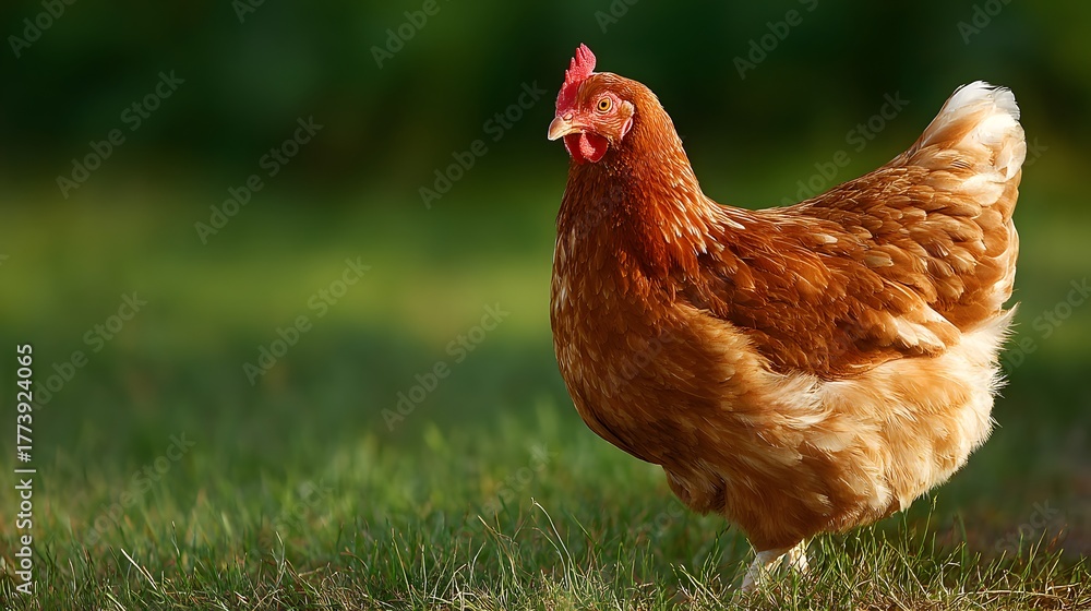 Fototapeta premium Brown domestic fowl stands prominently on green grass with a blurred natural background