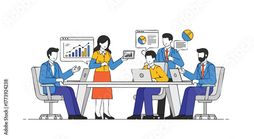 A diverse team of business professionals collaborates during a meeting, analyzing data and charts, utilizing laptops and tablets to discuss strategy and achieve goals in a modern office environment.