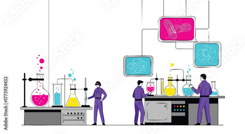 An illustrative depiction of scientists in a laboratory setting conducting experiments with beakers, flasks, and digital displays, representing scientific research and pharmaceutical development.