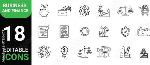 Collection of 18 editable business and finance line art icons for digital use