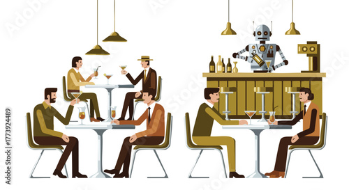 An illustration depicts a stylish bar scene where patrons enjoy cocktails, while a futuristic robot bartender serves drinks, blending human interaction with advanced technology.