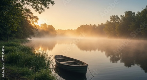 Peaceful Sunrise Over Misty Lake with Rowboat and Calm Water