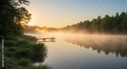 Tranquil Sunrise over Misty Lake with Dock and Lush Greenery
