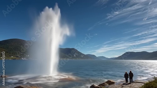 A dramatic geyser erupts in a serene lakeside setting, showcasing natural beauty and tranquility.