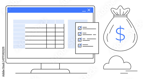 Desktop screen displaying a spreadsheet, checklist with marked items, and a money bag symbolizing financial goals. Ideal for finance, budgeting, productivity, data organization, savings, planning