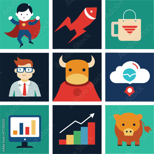 A grid of nine colorful flat design icons representing business and finance concepts including a superhero businessman a bull market a piggy bank a computer with a graph and a cloud