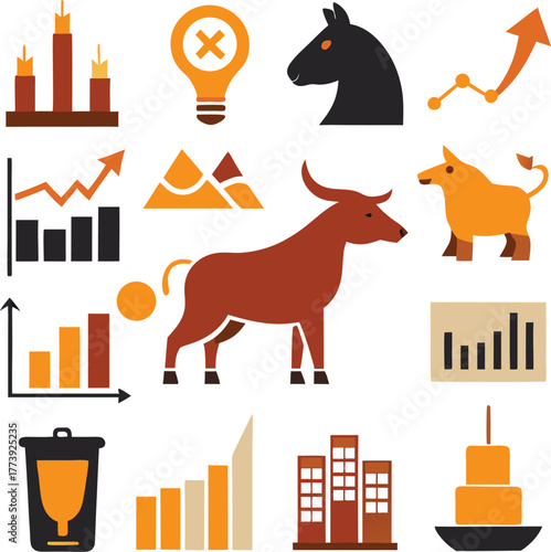 Diverse collection of financial and business icons including bull and bear market symbols candlestick charts graphs lightbulb cityscape and trophy representing growth and success