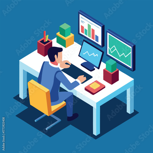 Isometric illustration of a businessman working at a desk with multiple computer monitors displaying financial charts and graphs symbolizing data analysis and trading