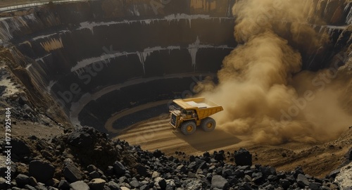 Large yellow mining truck descends into a deep circular pit, creating a dust cloud