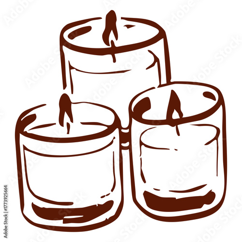 Hand drawn candles in glass holders with warm flame. Cozy brown line art vector illustration. Home, relaxation, and autumn decor graphic.