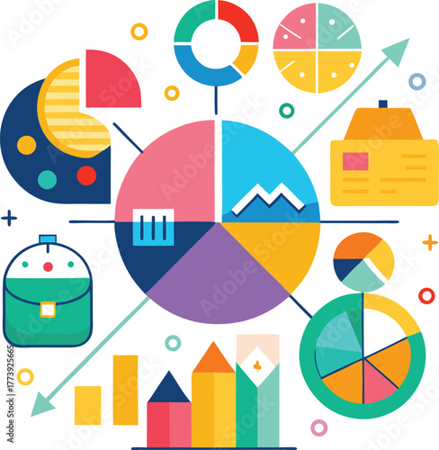 Vibrant abstract illustration of diverse data visualization charts and graphs with colorful elements representing financial growth and business analytics concepts