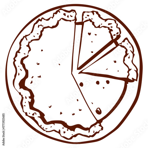 Hand drawn whole pie with sliced pieces in brown line art. Sweet dessert vector illustration with crust and filling. Cozy bakery and homemade food graphic.