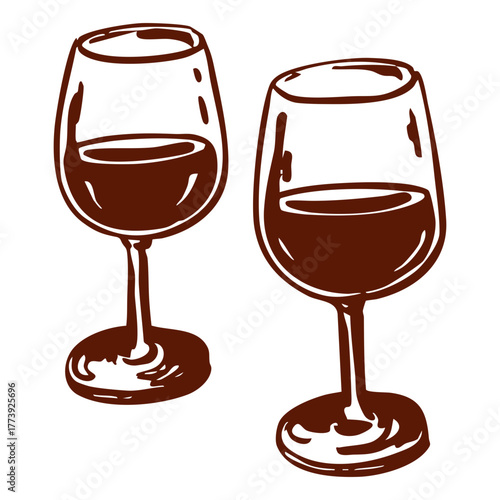 Hand drawn wine glasses in brown line art. Elegant vector illustration of two glasses with red wine. Minimal, rustic, and cozy design. Food, drink, or celebration graphic elements.