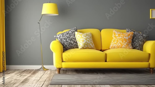 A vibrant yellow sofa sits in a stylishly decorated living room with grey walls and patterned cushions.