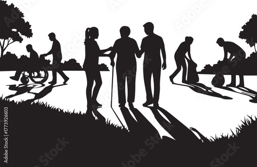 International volunteer day celebration inside a tent with people helping each other