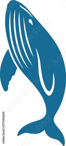 Blue breaching whale silhouette on white background, Whale ocean animal blue vector design