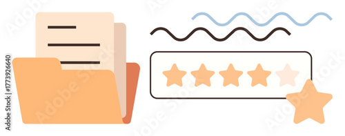 Open folder with documents, rating bar with five stars, and wavy lines. Ideal for file management, quality assessment, data organization, productivity, ranking systems, reviews simple flat metaphor