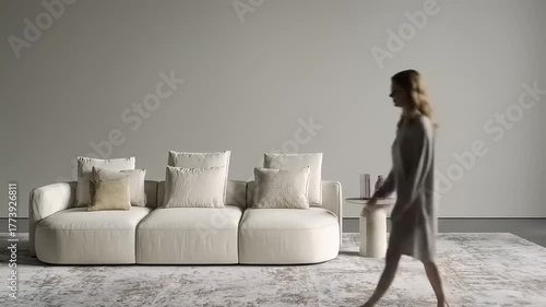 A neutral-toned living room showcasing a contemporary sofa and accent table.