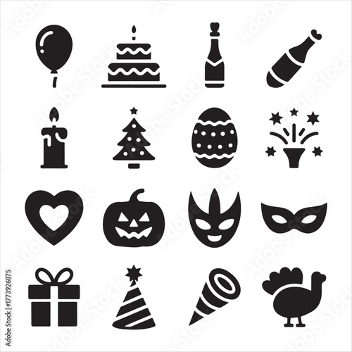 Collection of festive holiday and celebration icons including balloons cake champagne and gifts