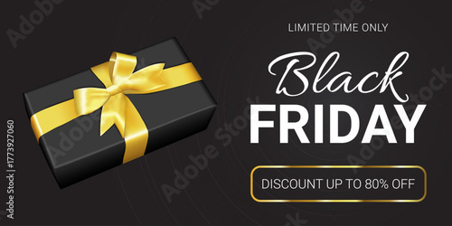 Box wrapped in black paper with gold ribbon. Inscription in white letters on a black background Black Friday.