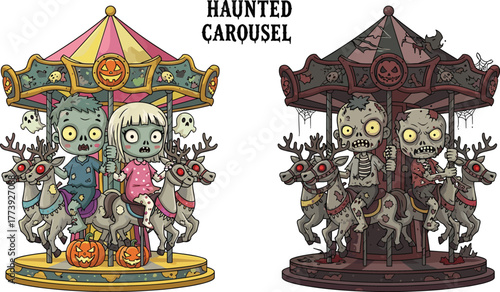 Haunted carousel, zombie children, spooky ride, Halloween theme, creepy skeleton reindeer, horror amusement, scary fairground, eerie undead, dark fantasy, nightmare scene