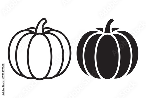 Two stylized pumpkins one outlined and one solid black silhouette on a white background