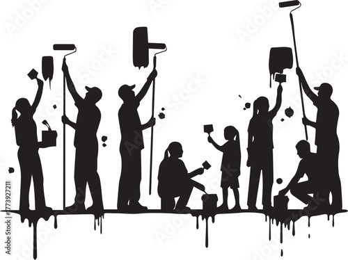 International volunteer day silhouettes of people planting trees and gardening on