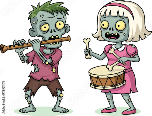 Zombie kids music, cartoon undead band, bone drum fun, horror humor scene, flute playing zombie, spooky performance, funny musical moment