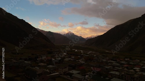Golden sunset over the Kazbegi Valley in Georgia