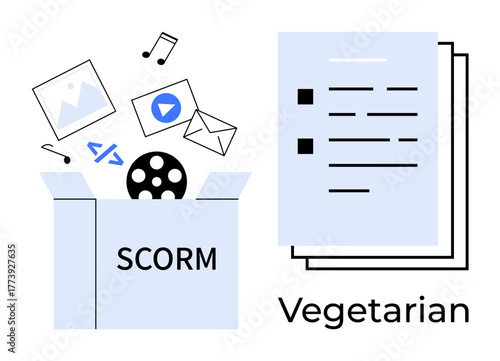 Opened SCORM box spilling multimedia files thumbs up video, music, photos, code, document stack focusing on vegetarian theme. Ideal for education, e-learning, content creation, file sharing online