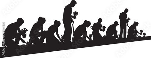 Diverse silhouettes depicting international volunteer day actions helping community and nature