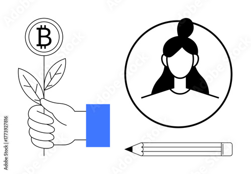 Hand holding plant with Bitcoin logo, circular female avatar, and pencil for digital currency, self-expression, branding, teamwork, financial growth, innovation, and sustainability simple flat