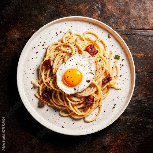 Spaghetti with creamy sauce, crispy bacon, and a sunny side up egg on dark wood