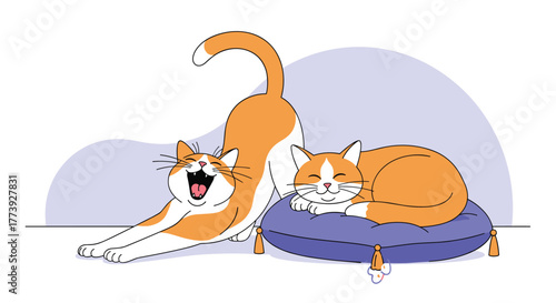 Two adorable cats stretching and relaxing on a pillow.